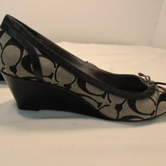 Coach Gavin Black & Grey Signature Canvas Open Toed Wedge Heel - Picture 4 of 13